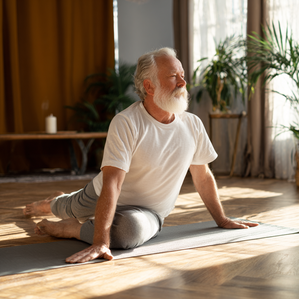 Peaceful middle-aged Ukrainian woman in comfortable clothes sitting in meditation pose outdoors, surrounded by green nature, with a gentle smile and closed eyes