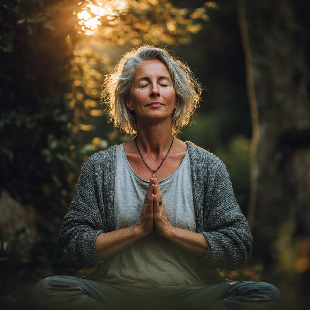 Senior Ukrainian woman with gray hair in comfortable yoga attire, sitting peacefully in lotus position with hands on heart, eyes gently closed, in a serene natural setting